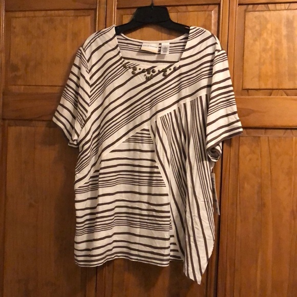 NWT Alfred Dunner Cream Brown Stripe Embellished Blouse 1X - Picture 1 of 5